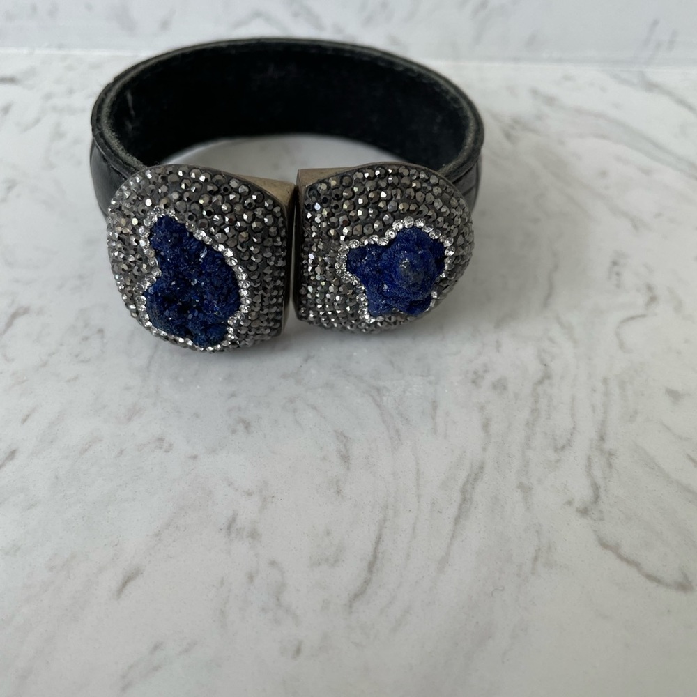 Stone and Crystal bracelet. Leather croc embossed strap 1” wide.